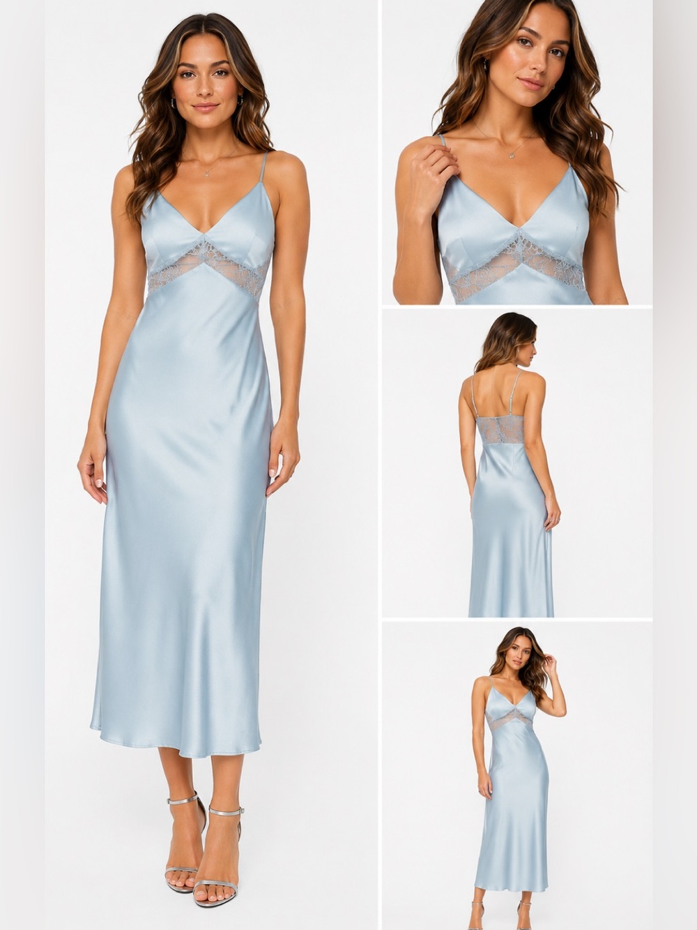 Dynamite Ashley Blue V-Neck Satin Slip Midi Dress Sz L NWT